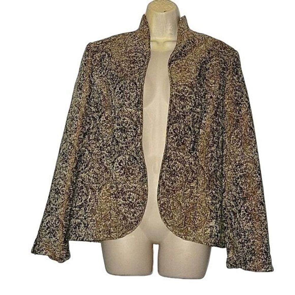 Austin Reed Womens Metallic Gold Black Tapestry Open Front Blazer Jacket Size 12